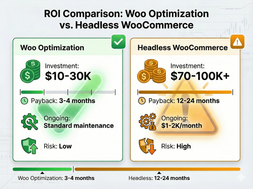 ROI comparison infographic showing native WooCommerce optimization pays back in 3-4 months versus 12-24 months for headless