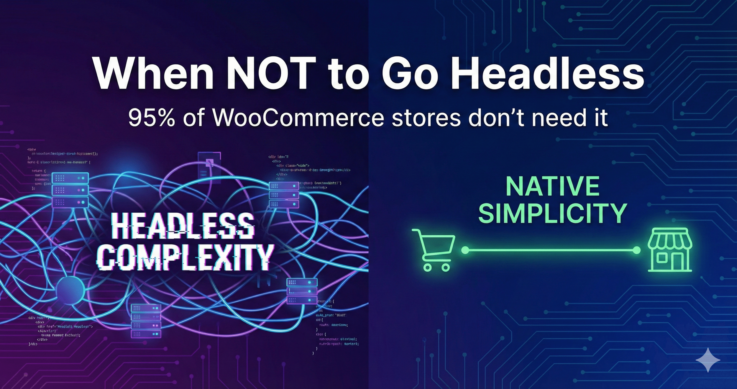 Comparison showing headless WooCommerce complexity versus WooCommerce optimization simplicity