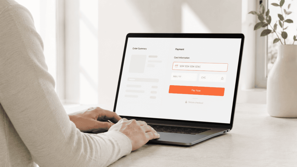 Hands typing on a laptop showing an e-commerce checkout page with the credit card field highlighted in orange.
