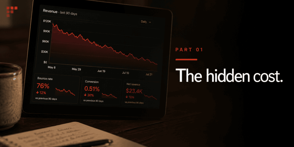 Declining red revenue trend chart on screen in low warm light — opening "The hidden cost" section on WooCommerce theme performance loss