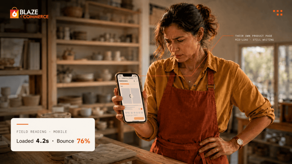 Small business owner frustrated in their shop as their own WooCommerce product page loads slowly on mobile — 77% of traffic affected
