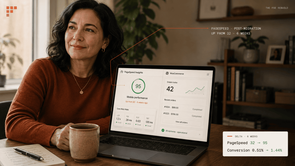 Clean organised modern workspace in warm daylight — opening "The FSE rebuild" section on WooCommerce theme migration recovery