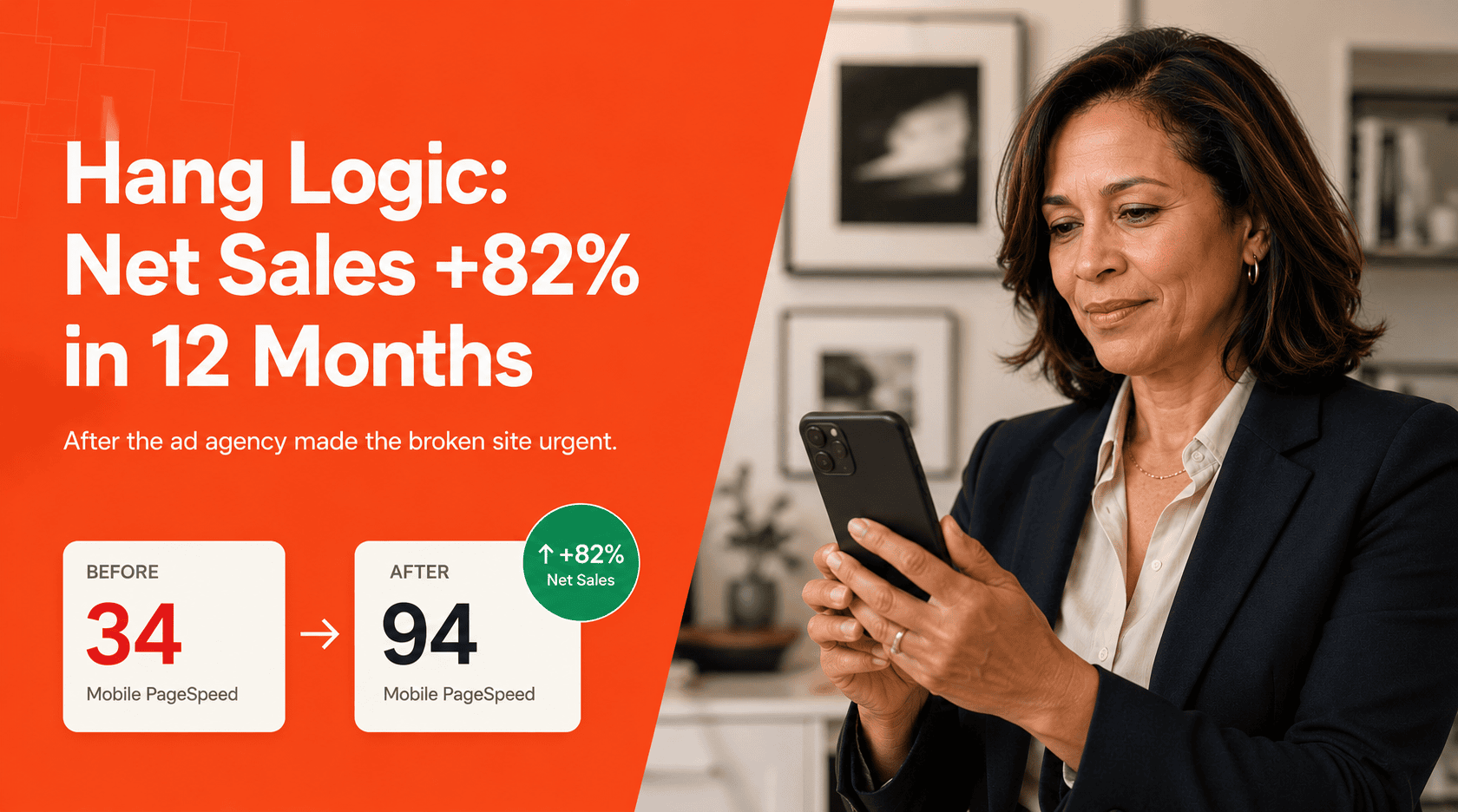 Hang Logic founder holding smartphone showing redesigned WooCommerce mobile product page with net sales +82% Q1 2026 vs Q1 2025 Australian importer case study.