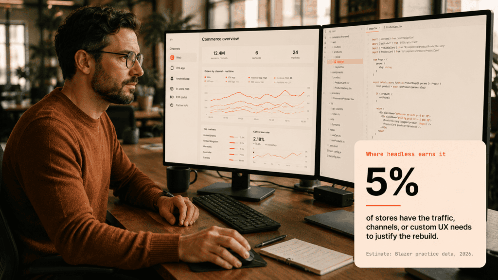 Senior e-commerce architect managing a multi-channel headless WooCommerce operation with performance analytics across multiple surfaces.