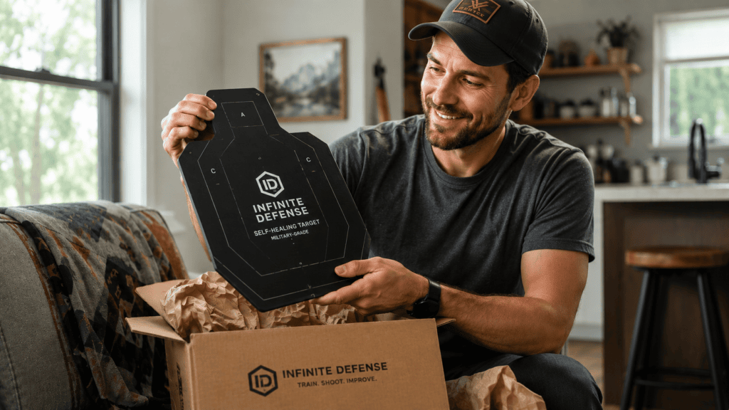Customer at home opening a package and examining an Infinite Defense self-healing shooting target with a satisfied expression.