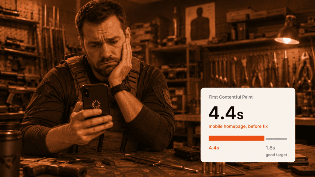 Frustrated man in tactical gear at a workbench surrounded by firearms and tools, watching his phone load slowly, beside a stat card showing First Contentful Paint at 4.4 seconds.