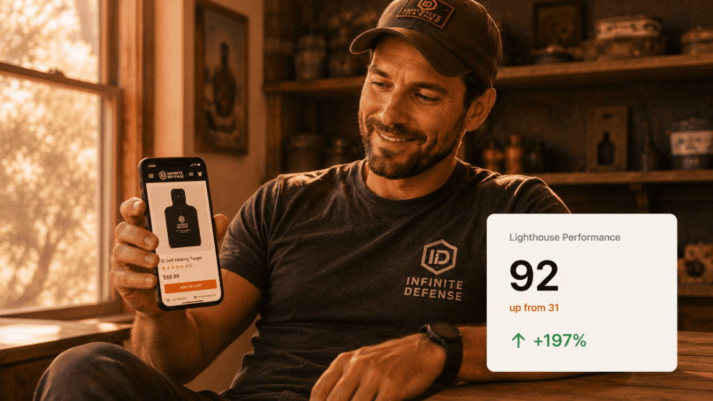 Relaxed mobile shopper smiling slightly while browsing a fast-loading product page, beside a stat card showing the post-rebuild Lighthouse performance score.