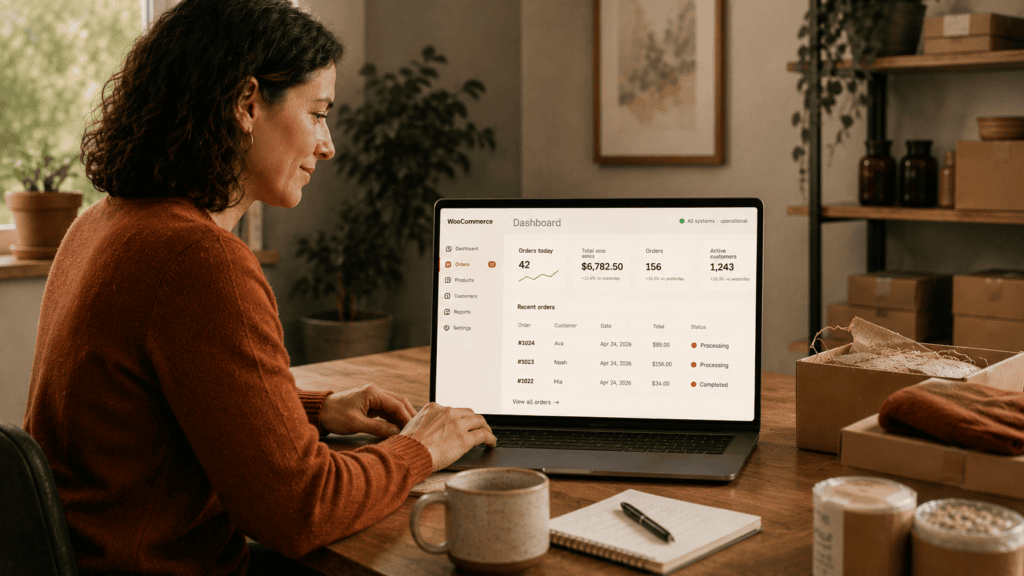 Calm small business owner managing WooCommerce orders from a clean workspace using a native WooCommerce admin dashboard.