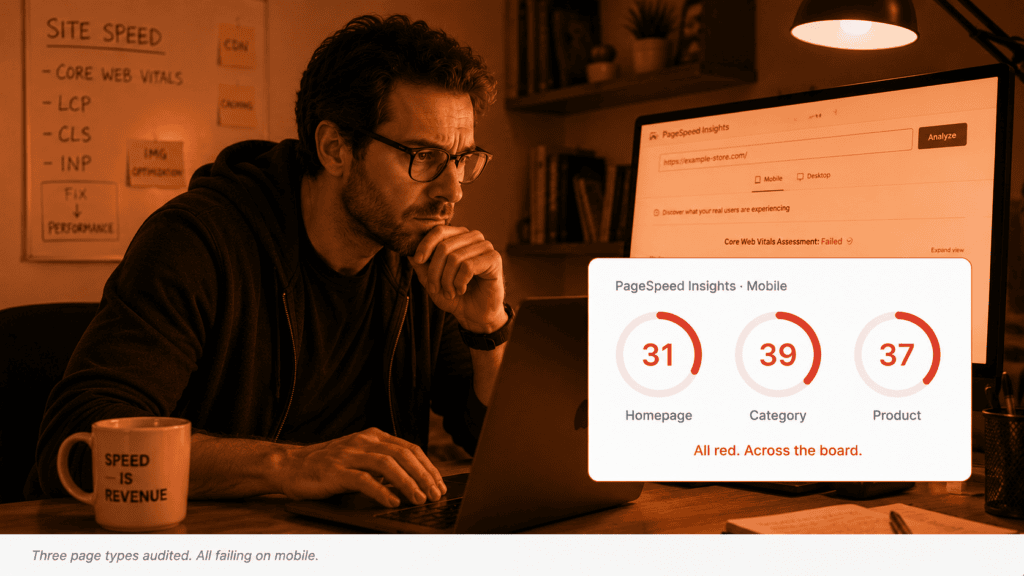 Performance analyst at a monitor reviewing three PageSpeed Insights mobile scores in red — homepage 31, category 39, product 37.