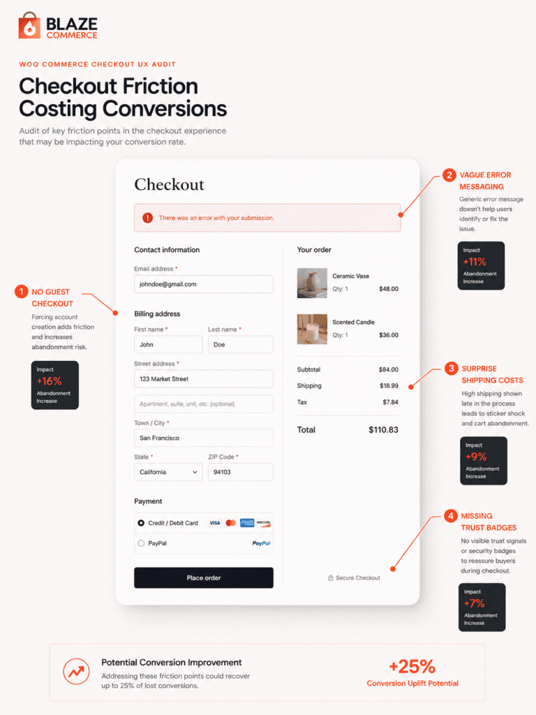 Annotated WooCommerce checkout page highlighting missing trust signals, unclear errors, and checkout friction points.