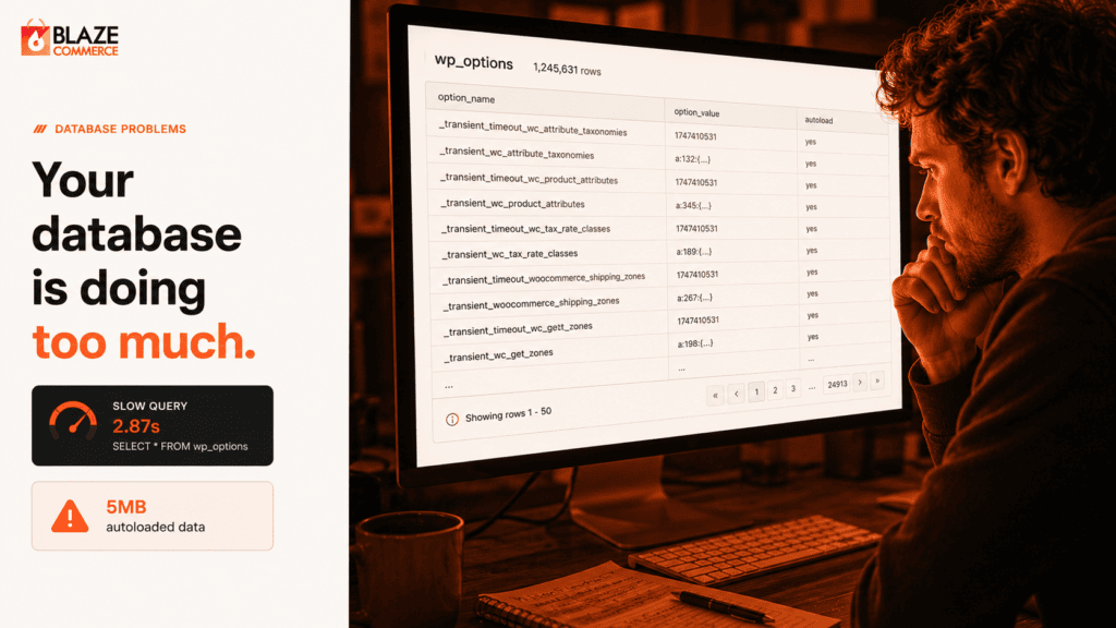 WooCommerce database overload with bloated wp_options table and slow query performance visualization.