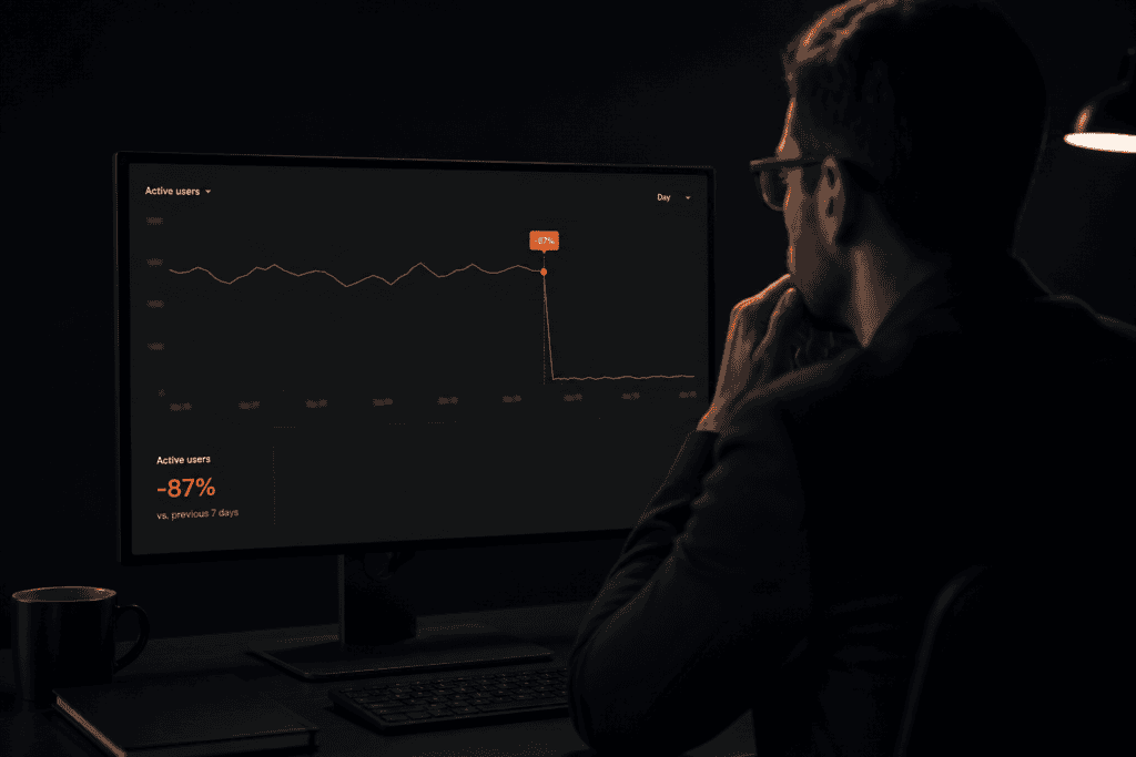 Google Analytics traffic chart showing a WooCommerce site's traffic flatlining for eight days during a Google search penalty.