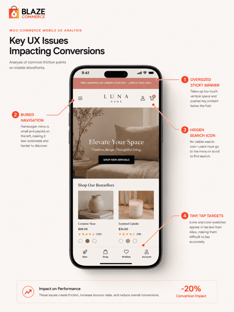 Annotated mobile WooCommerce header showing hidden search, poor navigation structure, and tap target usability issues.