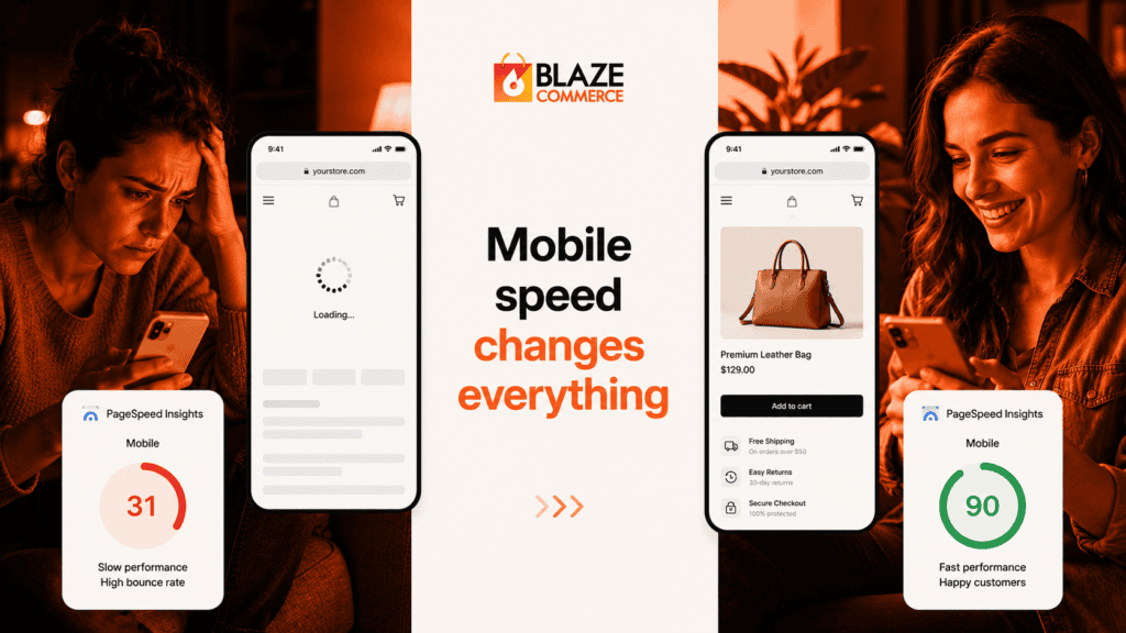Comparison of slow versus fast WooCommerce mobile shopping experience with improved PageSpeed performance.