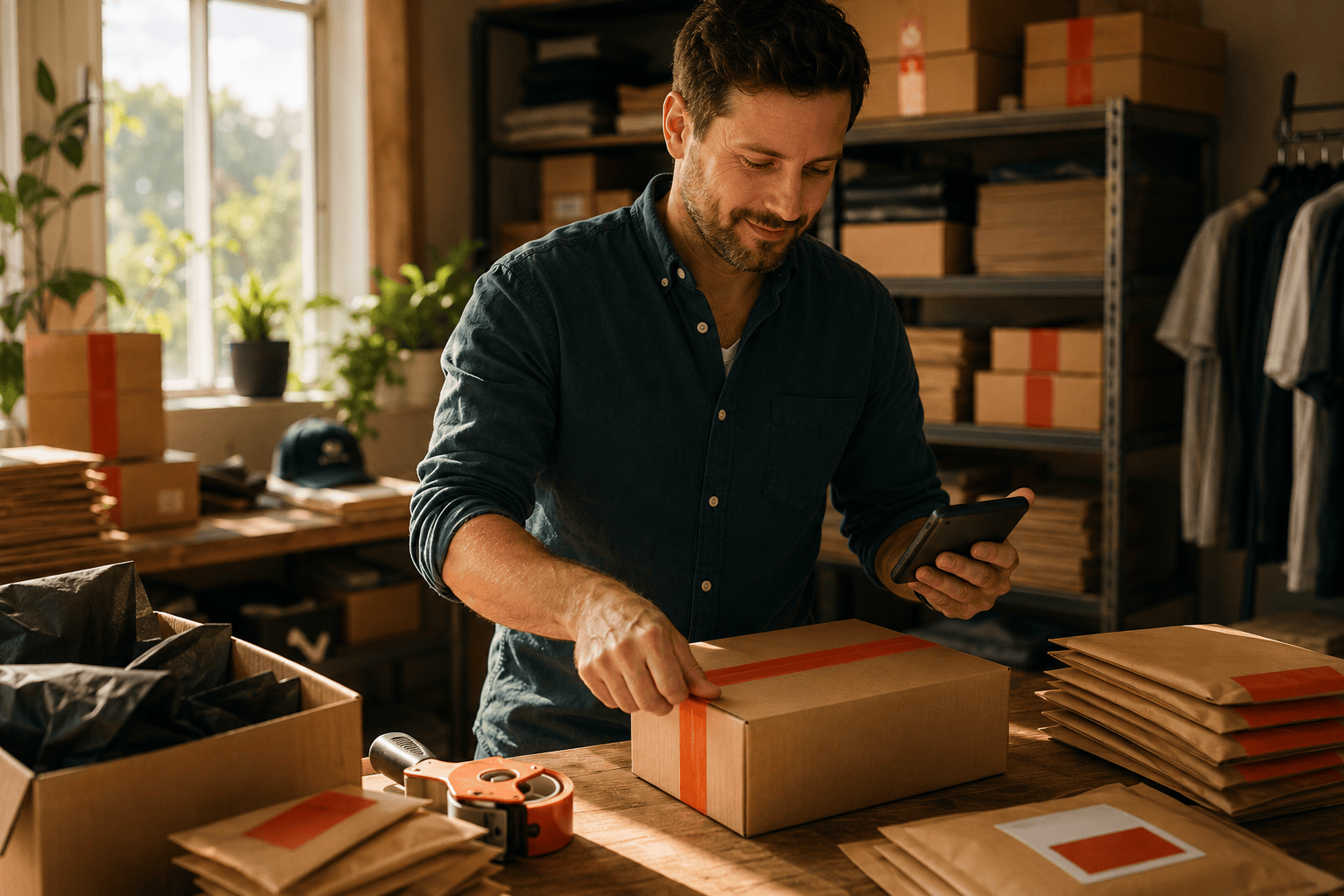 E-commerce store owner packing orders after ongoing optimization