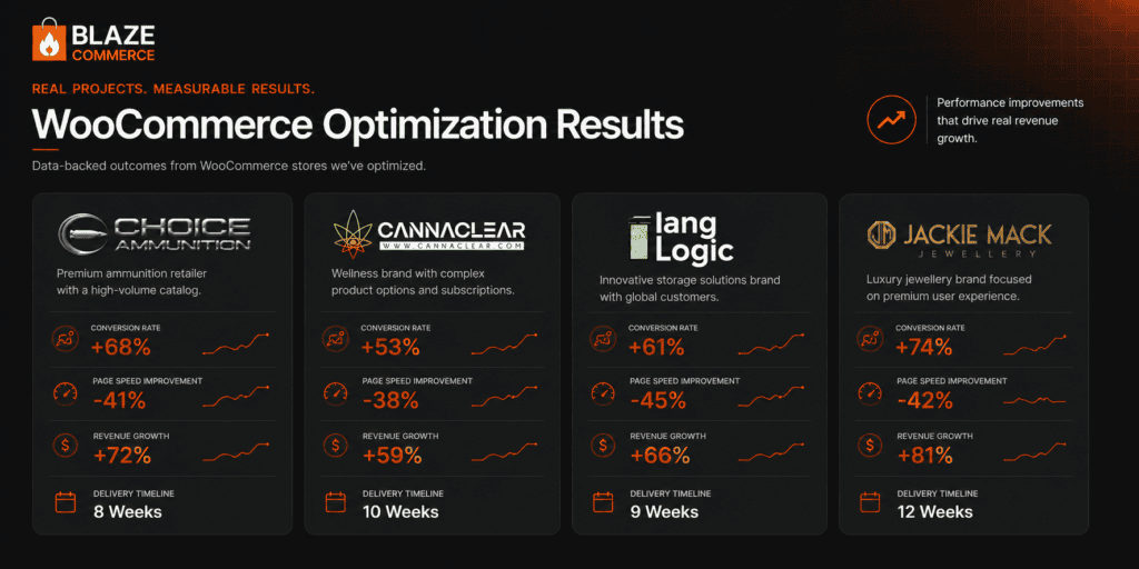 Four-card results grid showing WooCommerce performance improvements, conversion lifts, and revenue growth metrics.