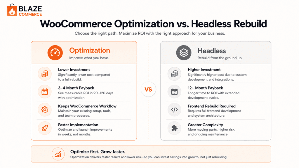 Comparison infographic showing WooCommerce optimization versus headless ecommerce implementation costs and ROI timelines.
