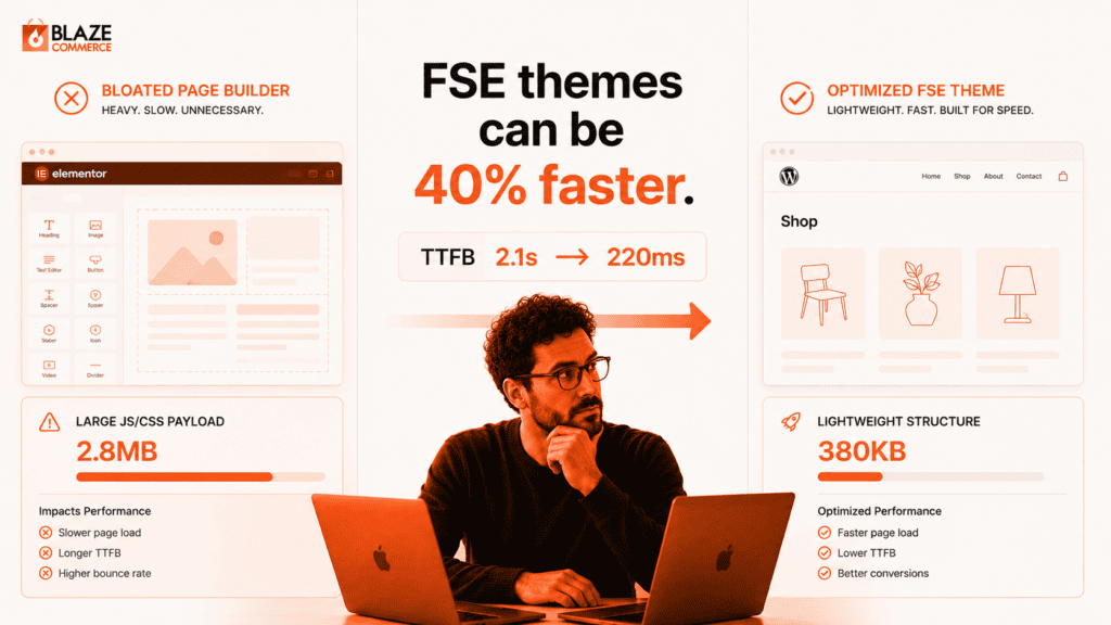 Comparison between heavy page builders and faster WordPress Full Site Editing themes for WooCommerce.