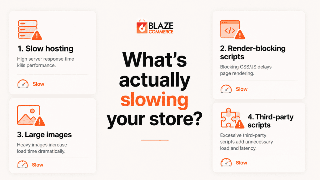 WooCommerce performance bottleneck comparison showing slow hosting, render-blocking scripts, large images, and third-party scripts.