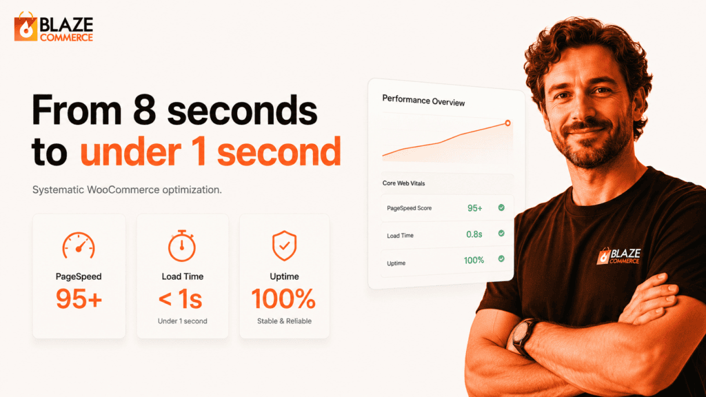 WooCommerce performance expert beside optimized ecommerce dashboard with fast load times and high PageSpeed score.