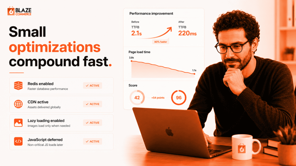 WooCommerce caching and performance optimization dashboard with Redis, CDN, and lazy loading enabled.