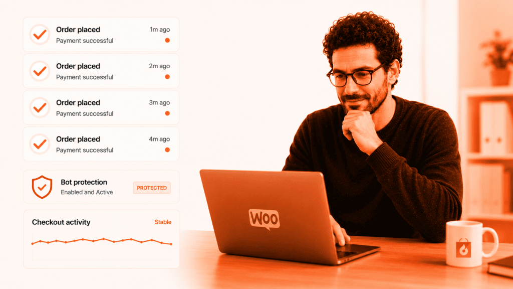 Protected WooCommerce checkout flow with successful orders and bot protection enabled.