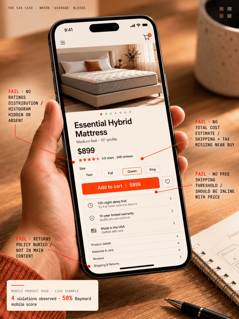 Annotated mobile WooCommerce mattress product page with red callouts highlighting four UX failures: no total cost estimate, no free shipping threshold, no ratings distribution, buried returns policy