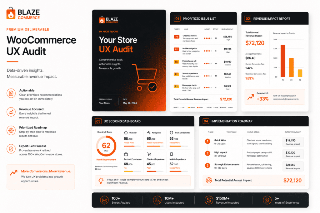 WooCommerce UX audit deliverable preview showing revenue impact analysis, issue prioritization, and implementation roadmap.