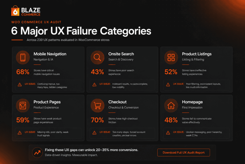 Six-card grid showing major WooCommerce UX failure categories including navigation, search, checkout, and product pages.
