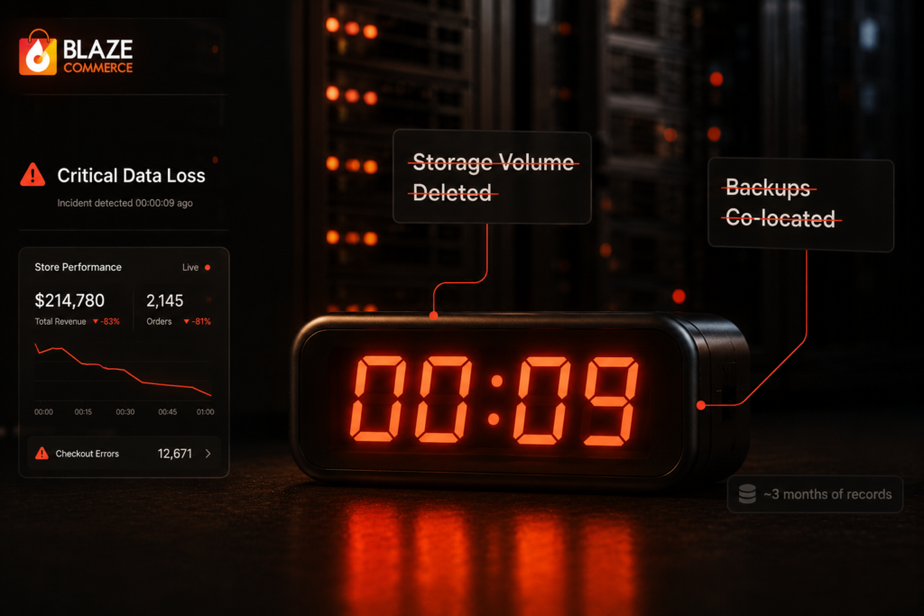 A nine-second timer beside a deleted storage volume whose co-located backups were lost with it