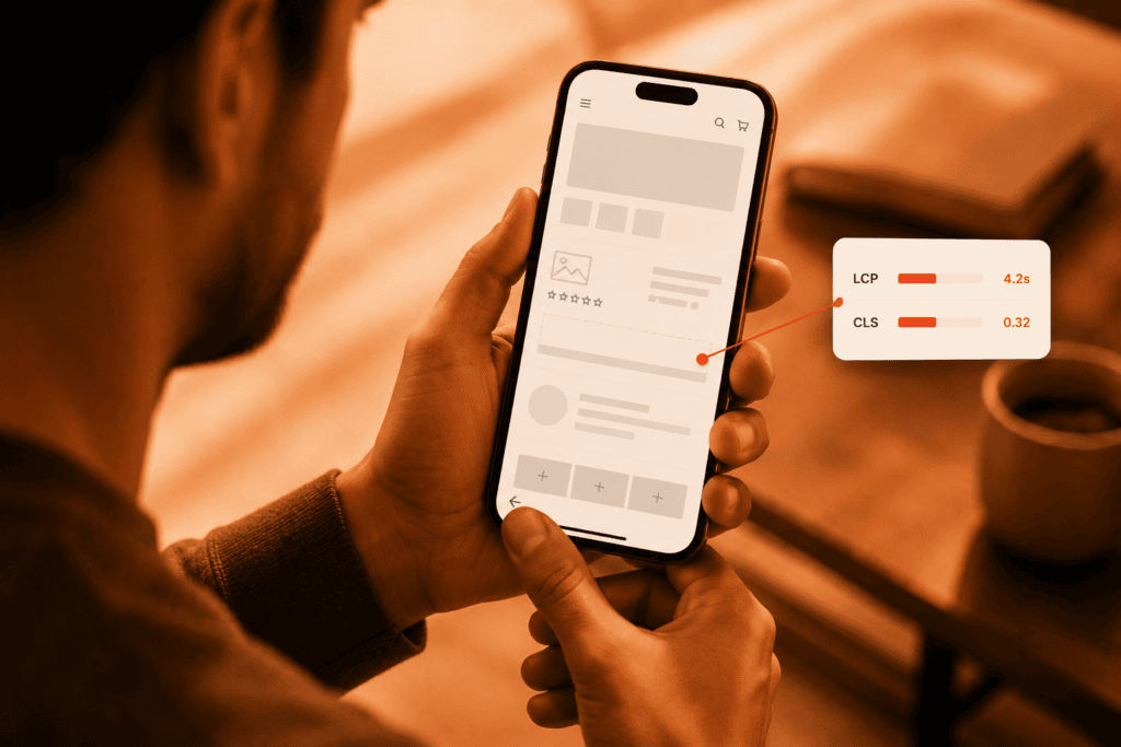 A person's thumb moving to leave a slow, layout-shifting online store loading on their phone